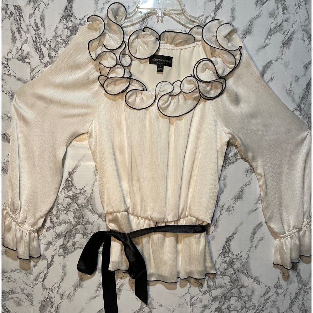 Connected Apparel Cream Blouse With Black Trim Ruffle Neck & Belt Size 10